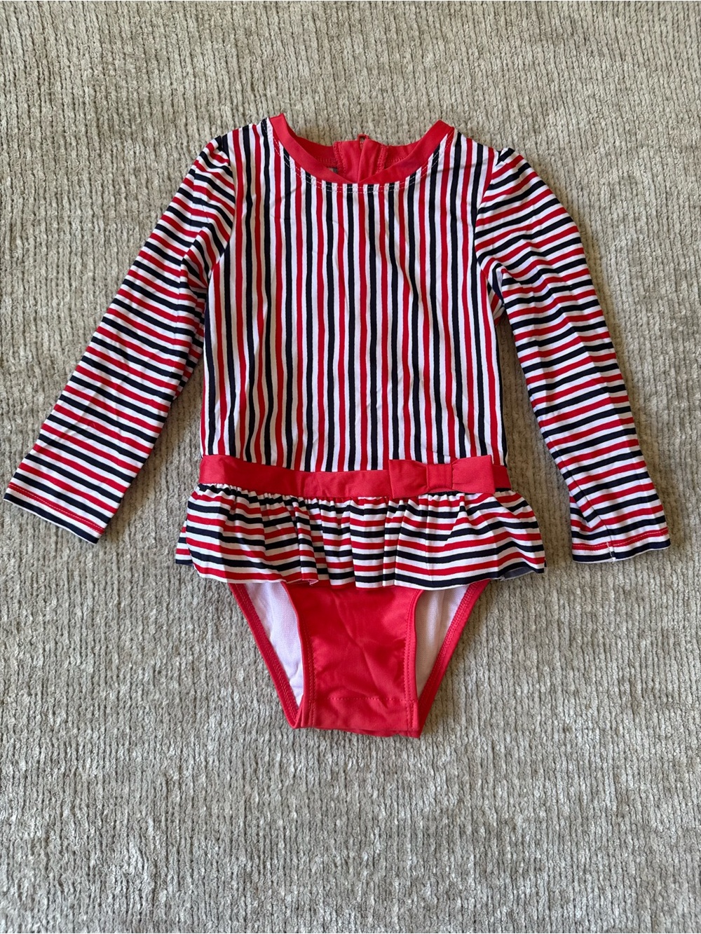 Cat & Jack Girls 3T Red Navy White Stripe Long Sleeve One Piece Swimsuit